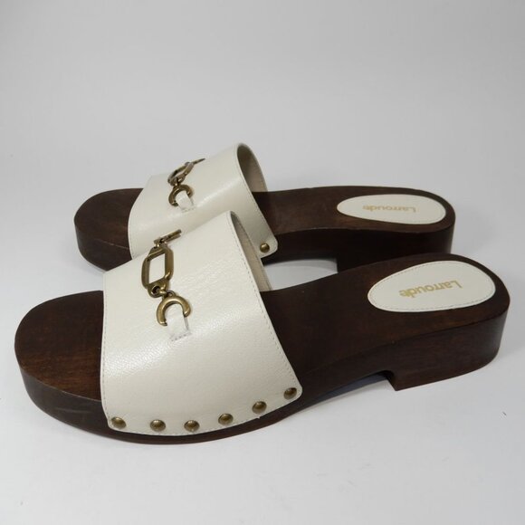 Larroude Zuzi Wooden Platform Mule Sandals Size 9.5 Ivory Leather Chain NEW $290 - Picture 1 of 10